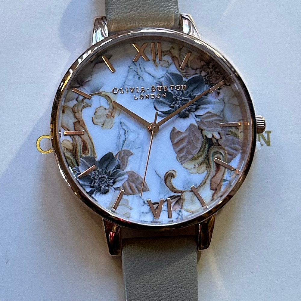 Olivia Burton Marble Florals Watch With 38mm Floral Face & Beige Leather Band